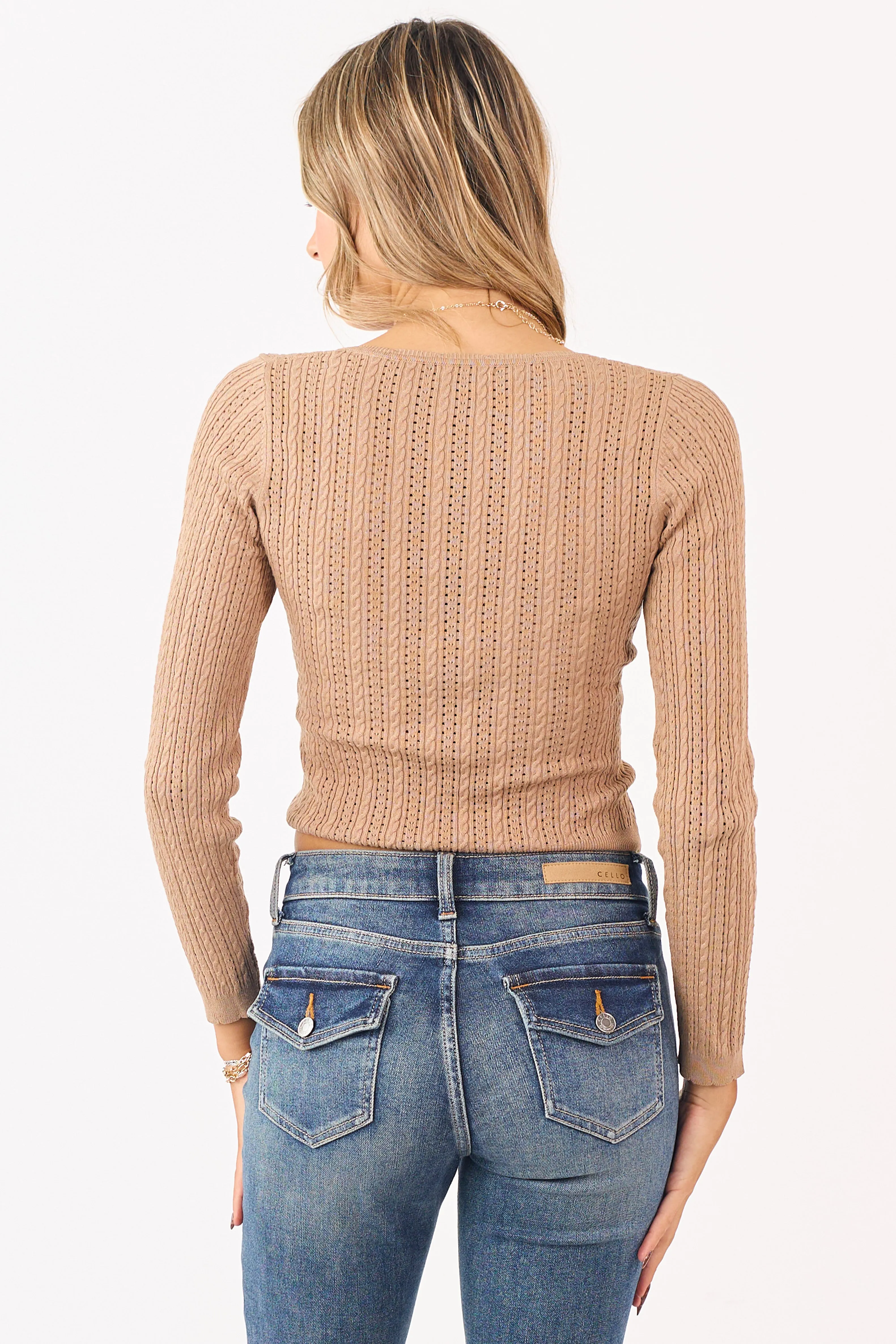 Latte Deep V-Neck Pointelle Cropped Fitted Top sold by Lime Lush product image thumbnail 5