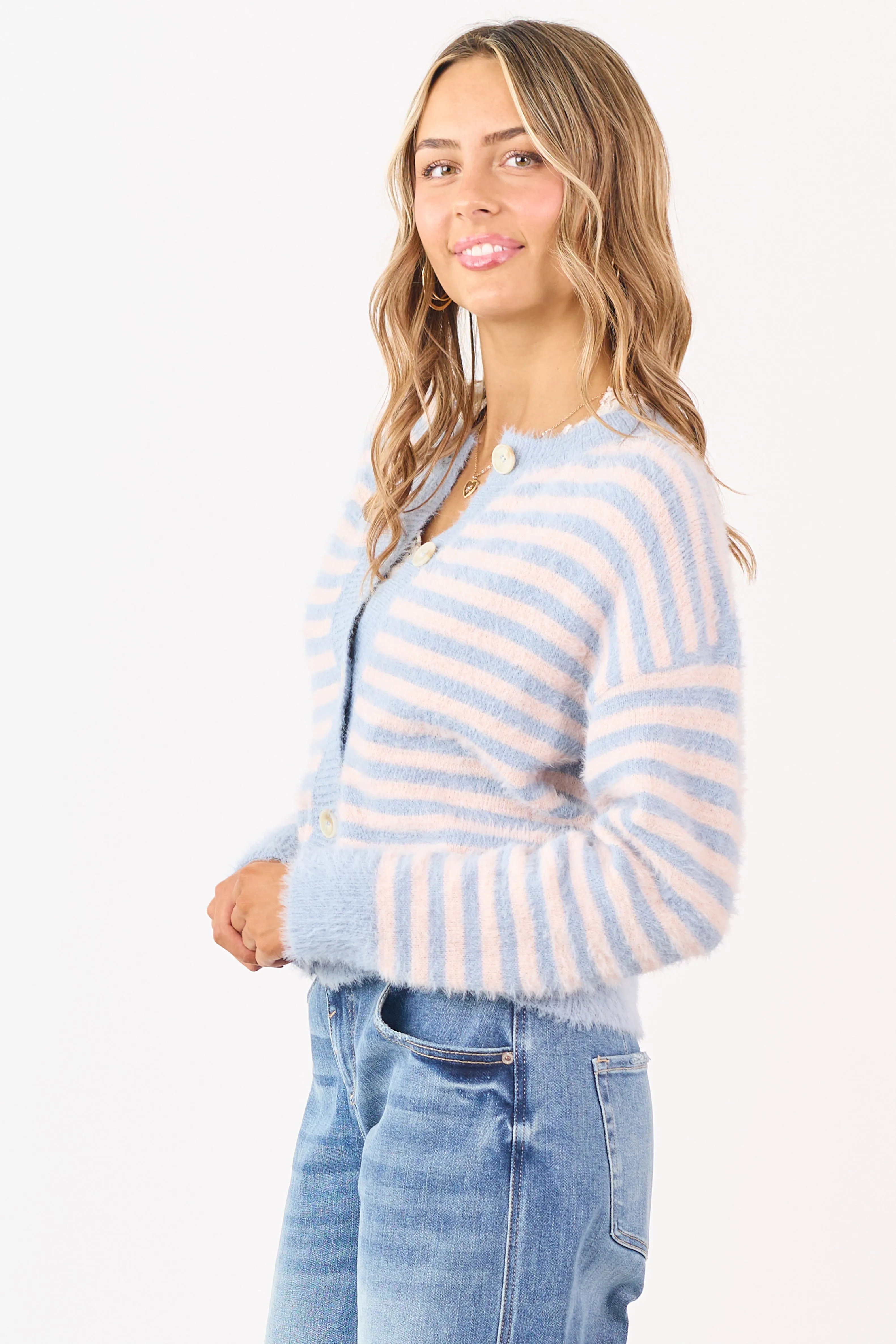 Slate Blue Striped Button Down Eyelash Knit Cardigan sold by Lime Lush product image thumbnail 4