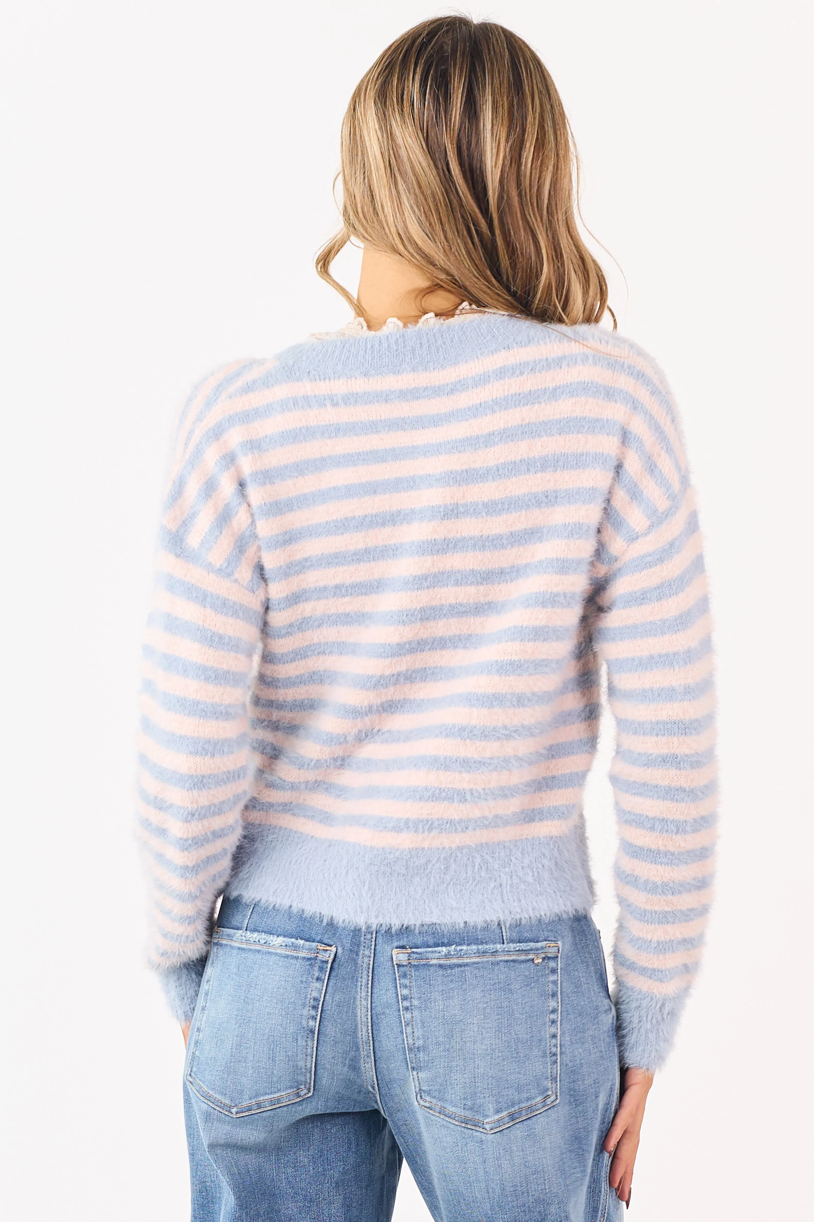 Slate Blue Striped Button Down Eyelash Knit Cardigan sold by Lime Lush product image thumbnail 5