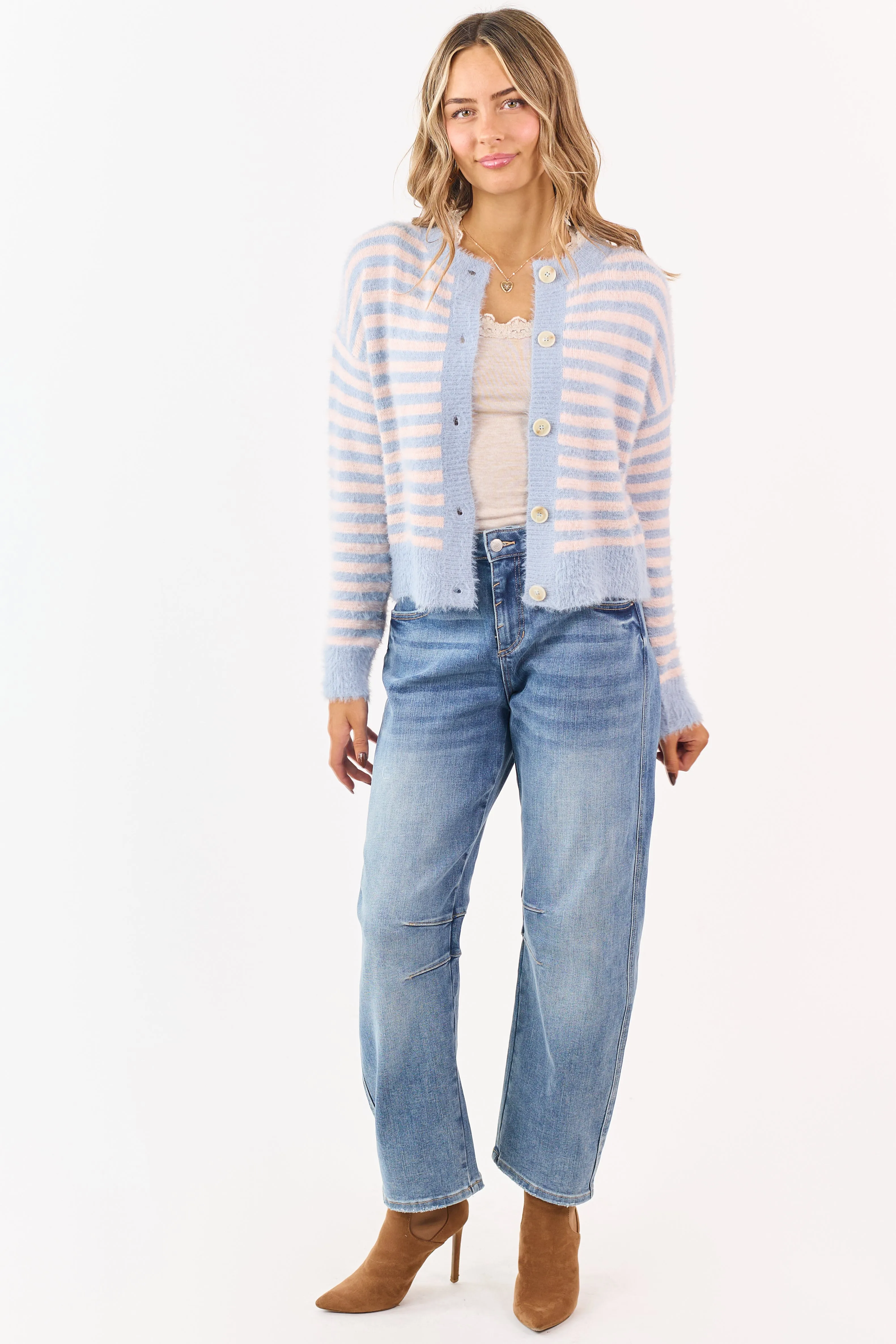Slate Blue Striped Button Down Eyelash Knit Cardigan sold by Lime Lush product image thumbnail 3