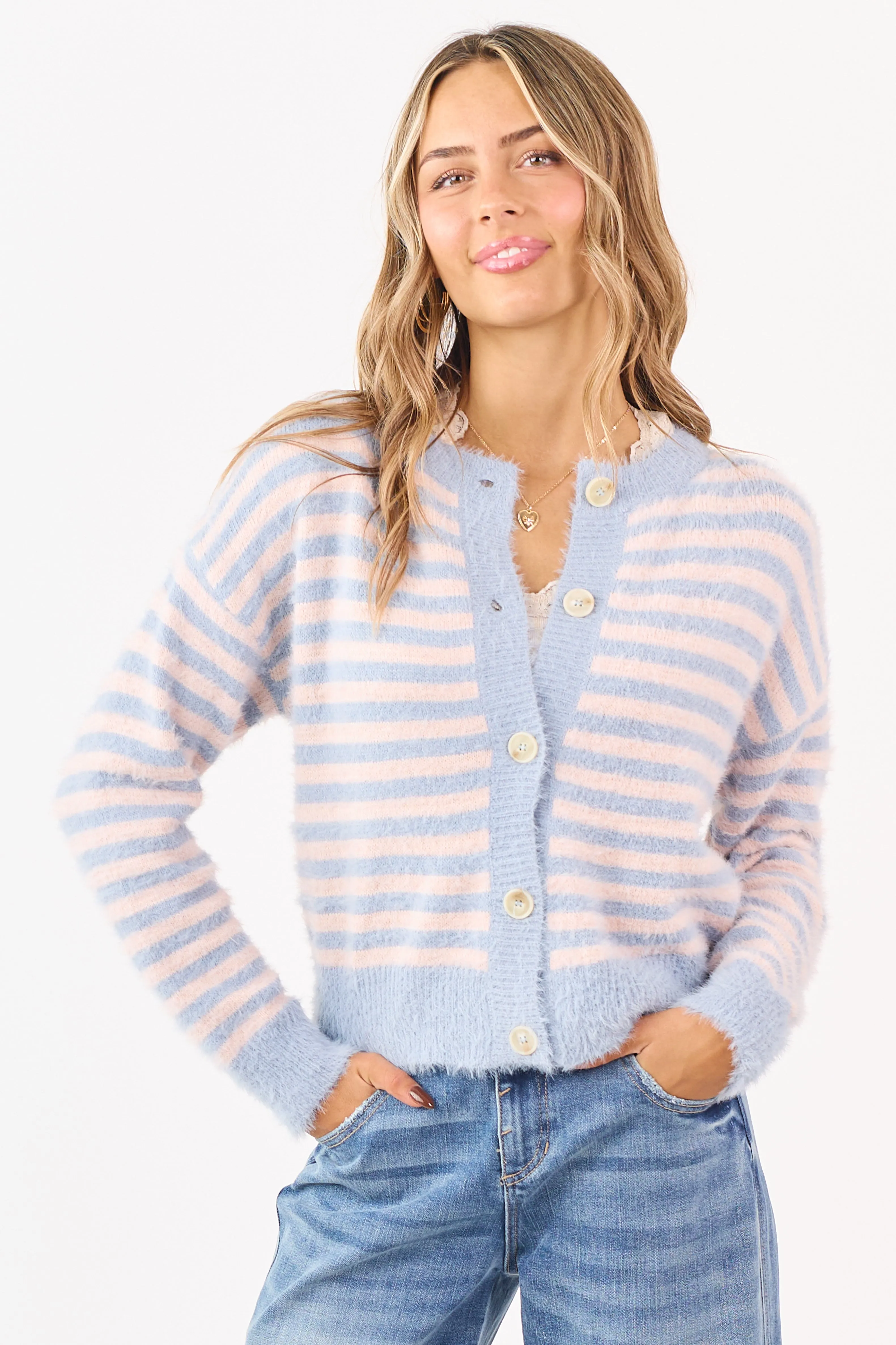 Slate Blue Striped Button Down Eyelash Knit Cardigan sold by Lime Lush