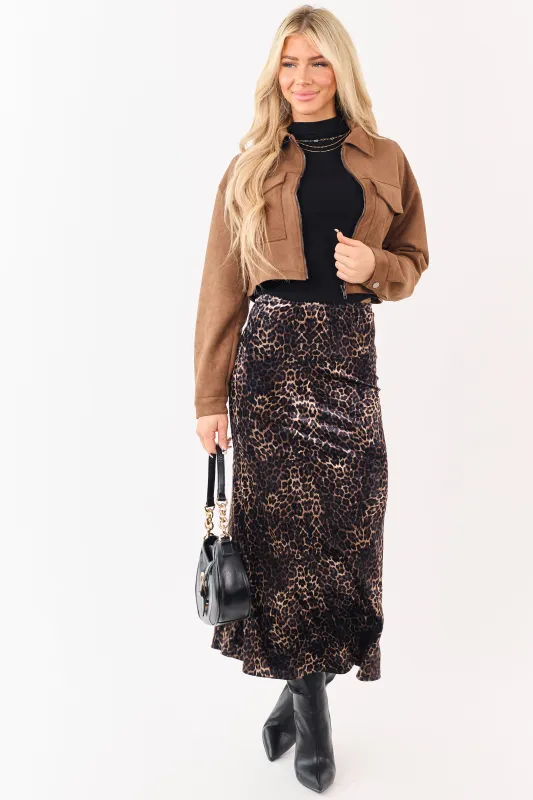 Sepia and Camel Leopard Print Velvet Midi Skirt sold by Lime Lush