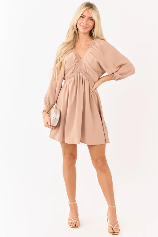 Nude Deep V Neck Smocked Bubble Sleeve Mini Dress sold by Lime Lush
