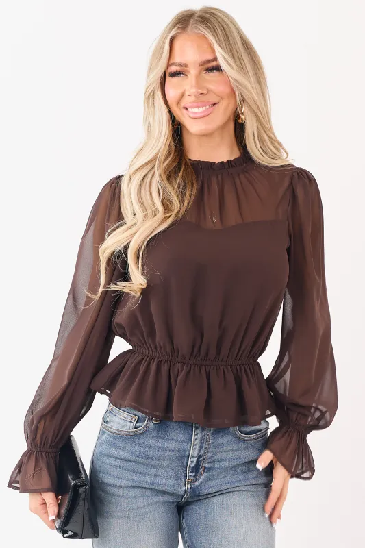 Cocoa Chiffon Peplum Ruffle Trim Long Sleeve Top sold by Lime Lush