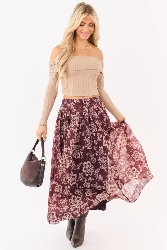 Mahogany and Latte Floral Print Pleated Midi Skirt sold by Lime Lush