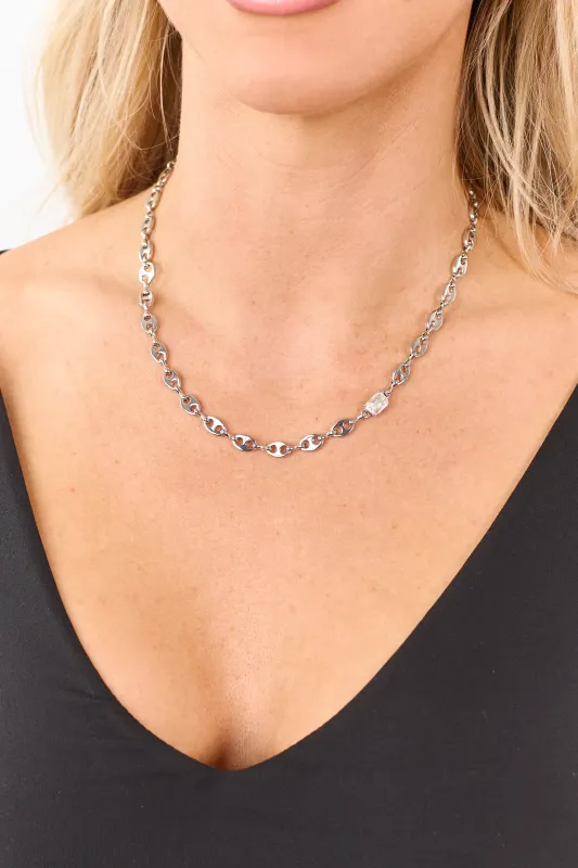 Silver Chain Rhinestone Charm Necklace sold by Lime Lush