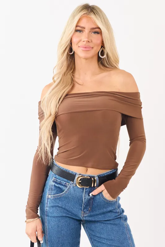 Cognac Off Shoulder Long Sleeve Fitted Knit Top sold by Lime Lush