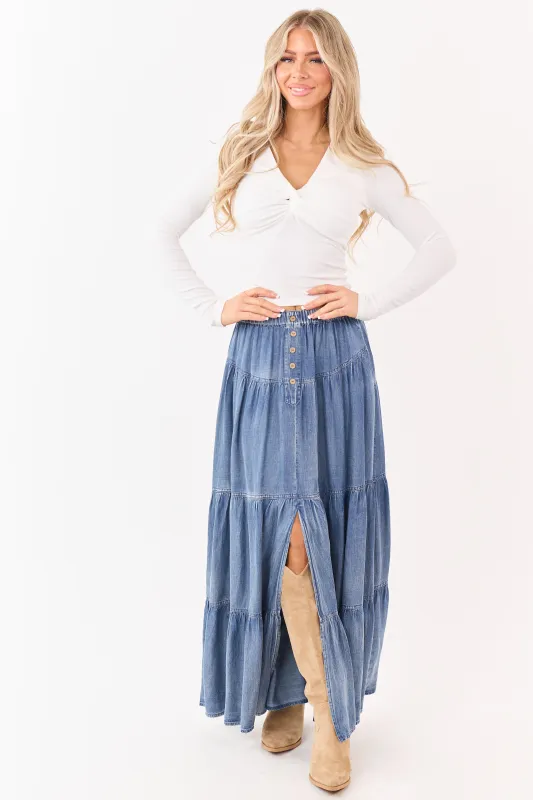 Medium Wash Chambray Denim Tiered Maxi Skirt sold by Lime Lush