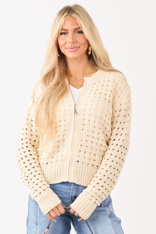 Cream Zip Up Open Knit Sweater Cardigan sold by Lime Lush