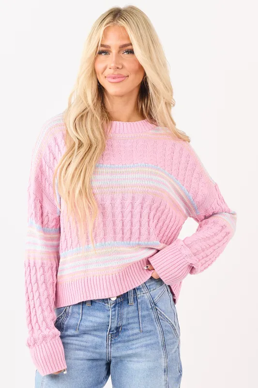 Carnation Striped Motif Cable Knit Cotton Sweater sold by Lime Lush