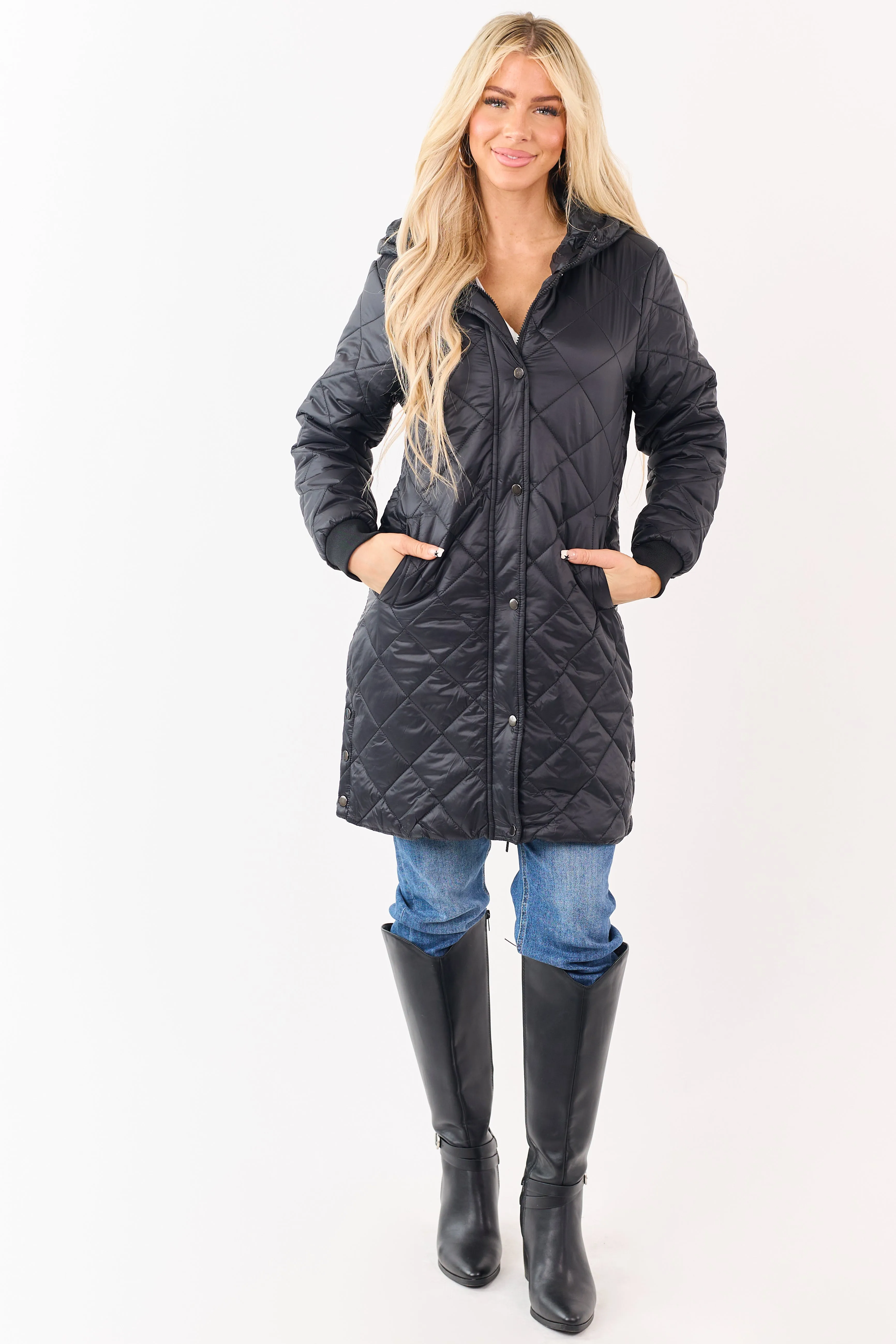 Black Hooded Zip Up Quilted Puffer Long Coat sold by Lime Lush product image thumbnail 4