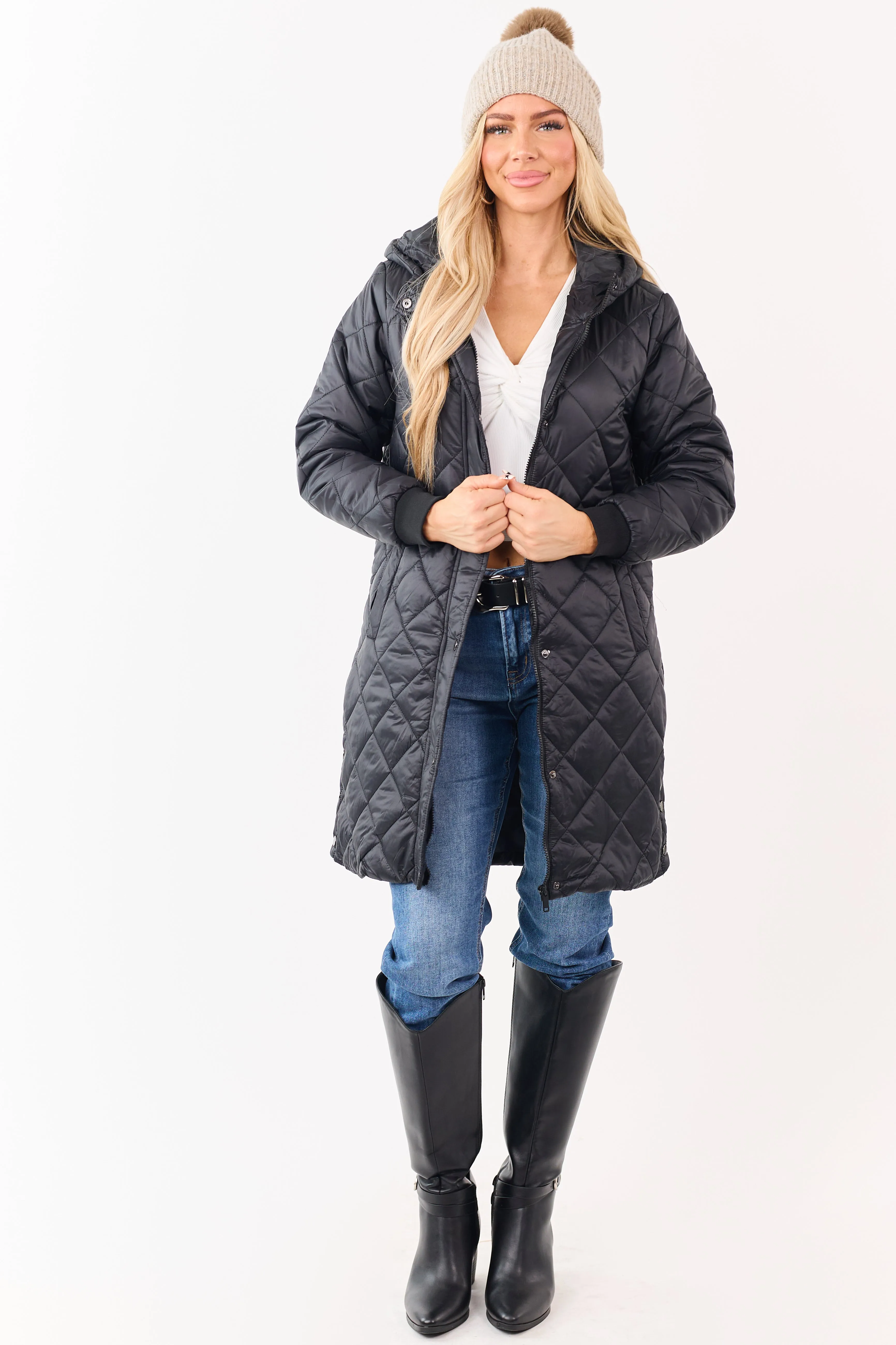 Black Hooded Zip Up Quilted Puffer Long Coat sold by Lime Lush product image thumbnail 2