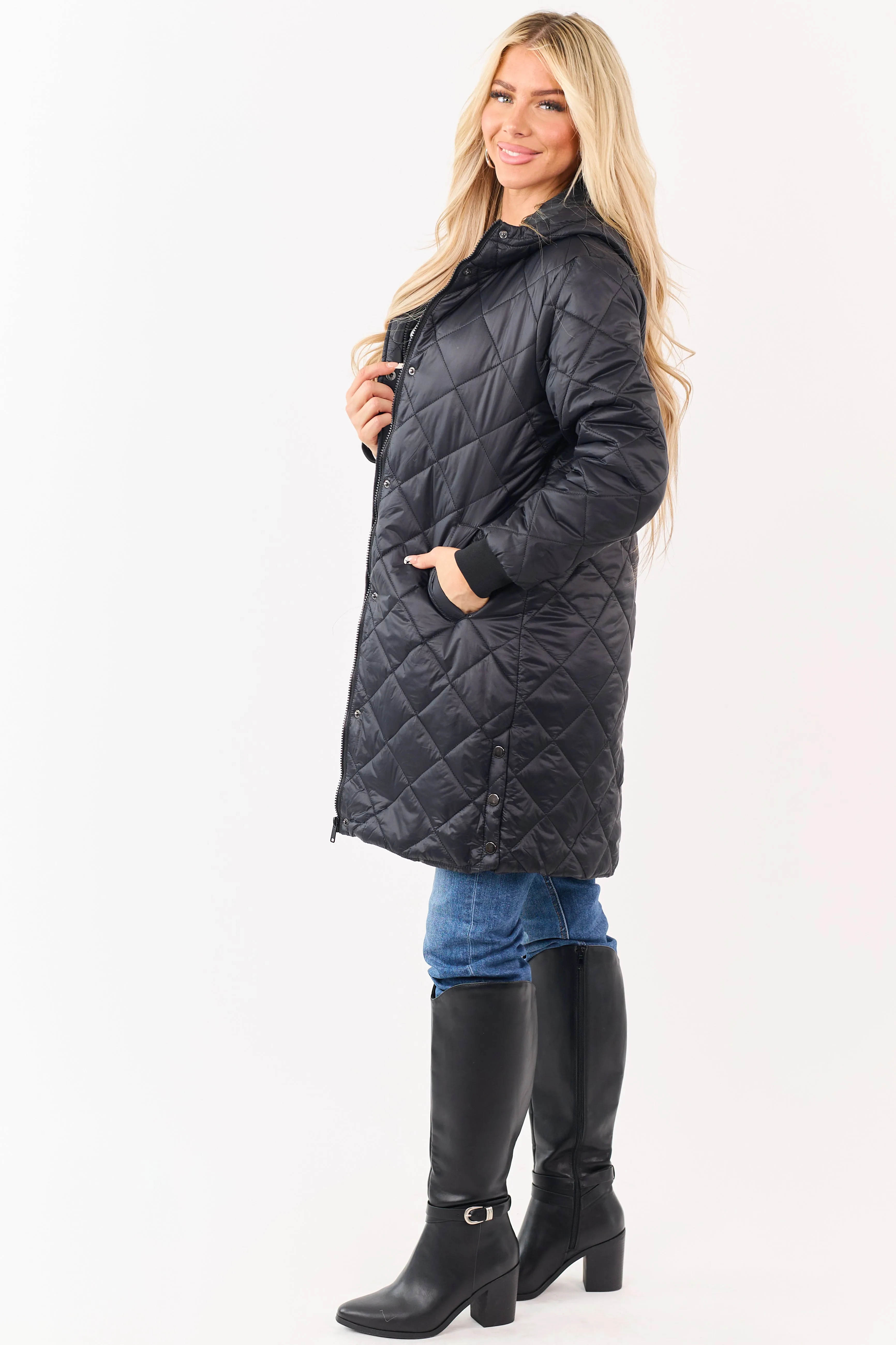 Black Hooded Zip Up Quilted Puffer Long Coat sold by Lime Lush product image thumbnail 5