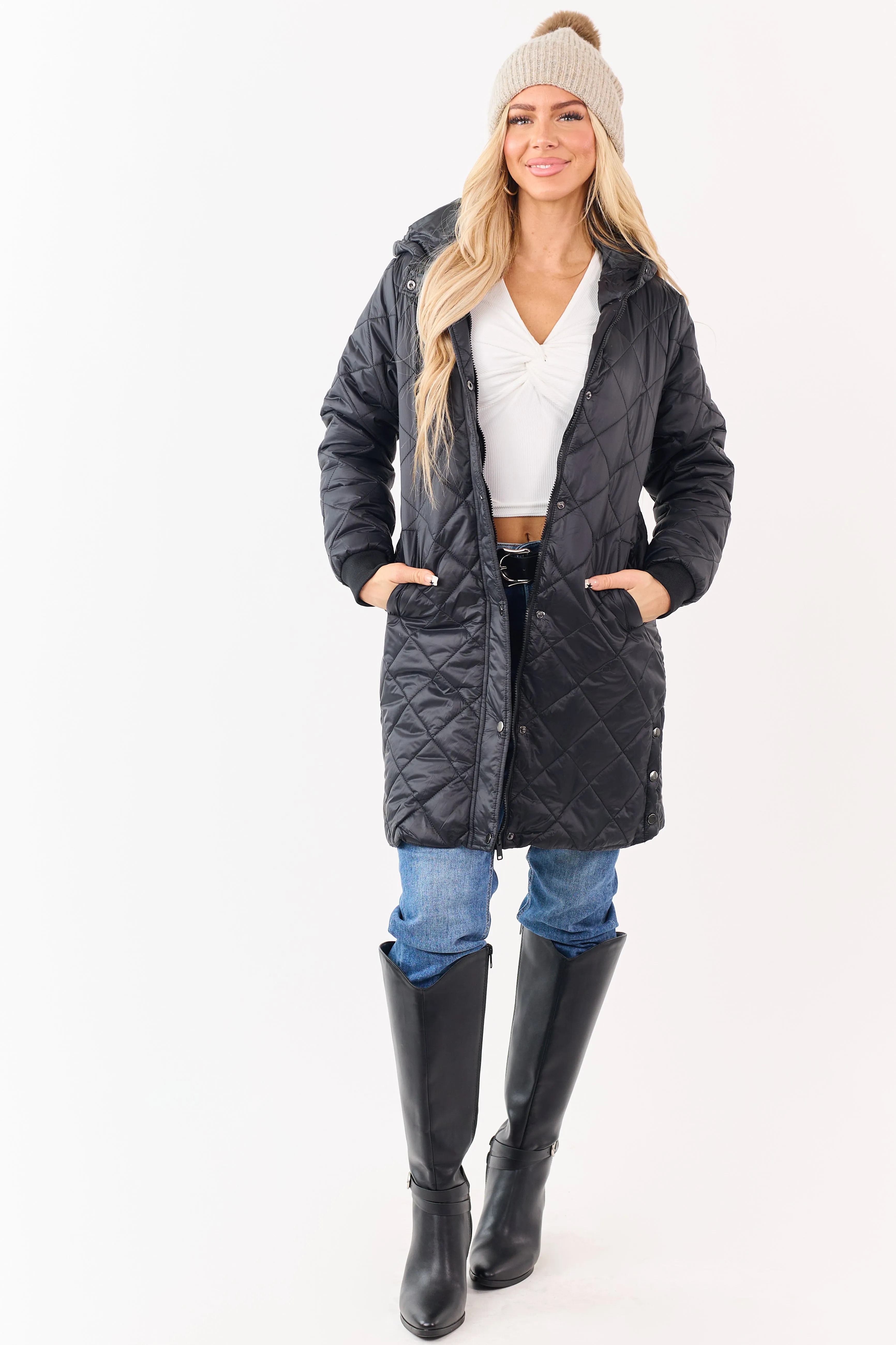 Black Hooded Zip Up Quilted Puffer Long Coat sold by Lime Lush