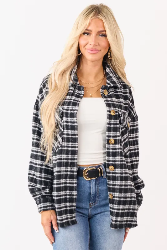 Black and Ivory Plaid Button Down Shacket sold by Lime Lush