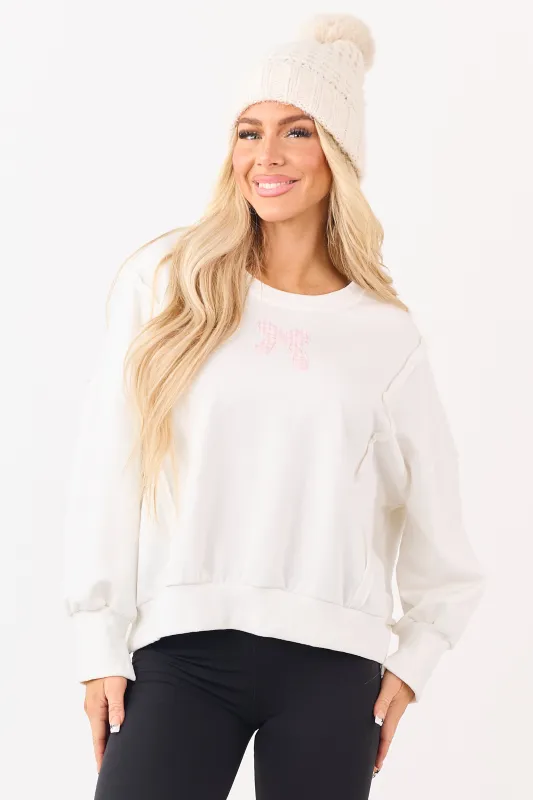 Ivory Gingham Bow Patch Graphic Relaxed Sweatshirt made by Papermoon