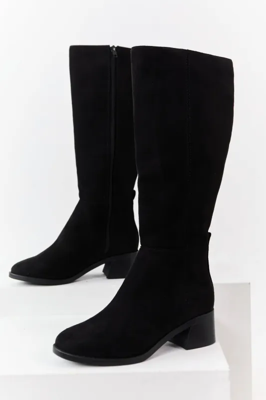 Black Faux Suede Wide Calf Block Heel Tall Boots sold by Lime Lush