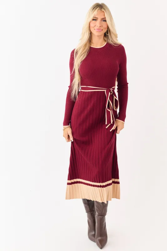 Wine Rib Knit Waist Tie Sweater Midi Dress sold by Lime Lush