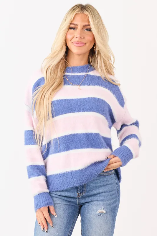 Steel Blue and Blush Striped Soft Fuzzy Knit Sweater made by Papermoon