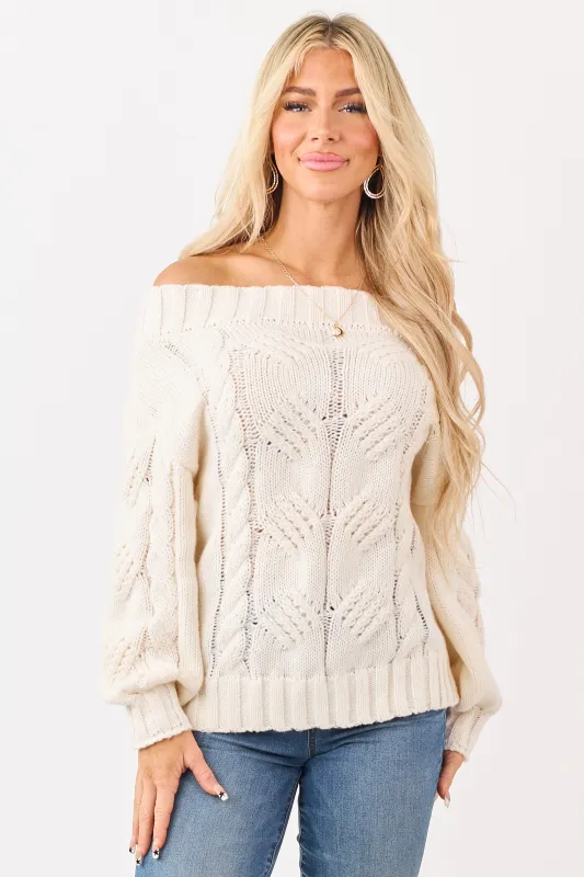 Cream Off the Shoulder Cable Knit Sweater sold by Lime Lush