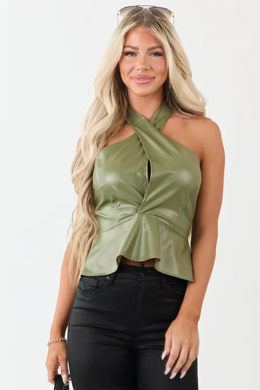 Olive Faux Leather Halter Neck Peplum Top sold by Lime Lush