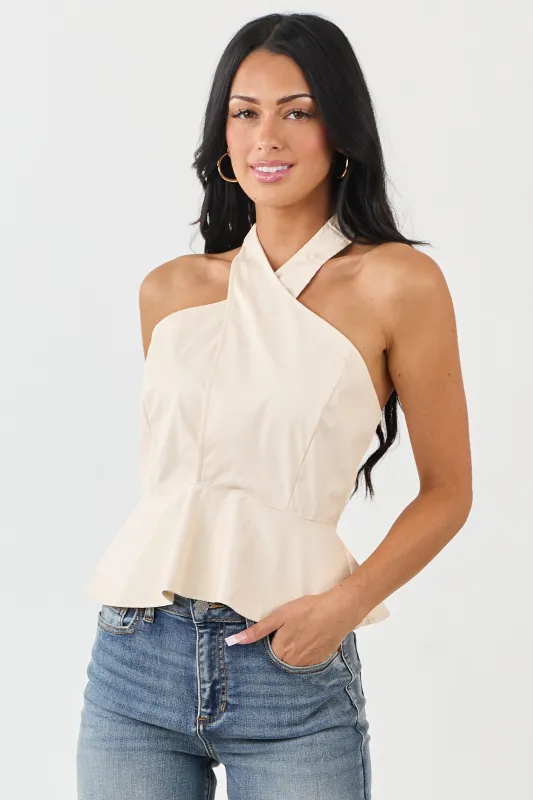 Ivory Faux Leather Halter Neck Peplum Top sold by Lime Lush