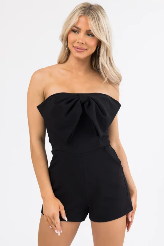 She+Sky Black Strapless Front Bow Romper sold by Lime Lush