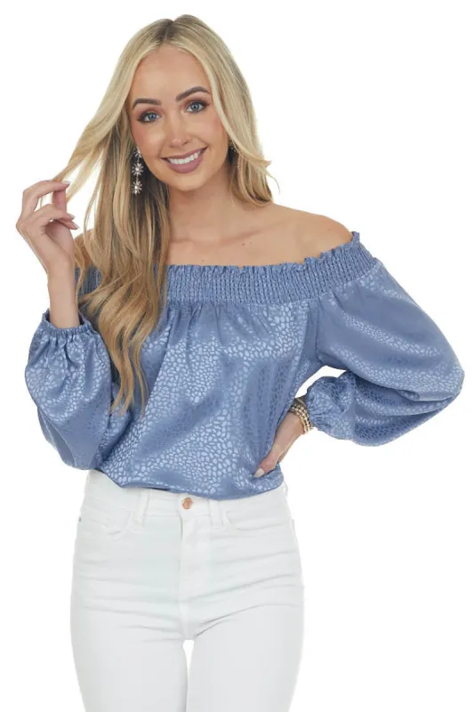 Dusty Blue Metallic Cheetah Off Shoulder Top sold by Lime Lush