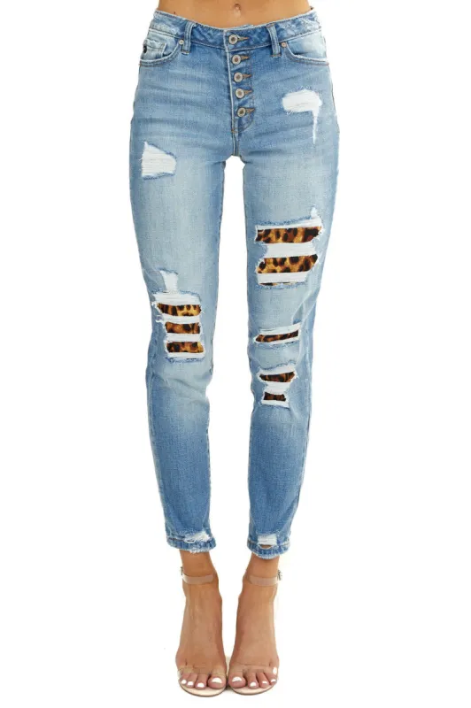 KanCan Light Wash High Rise Boyfriend Jeans with Leopard Patches sold by Lime Lush