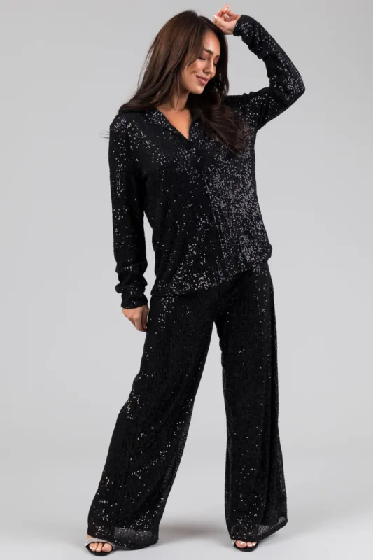 Black High Waisted Wide Leg Sequined Pants sold by Lime Lush