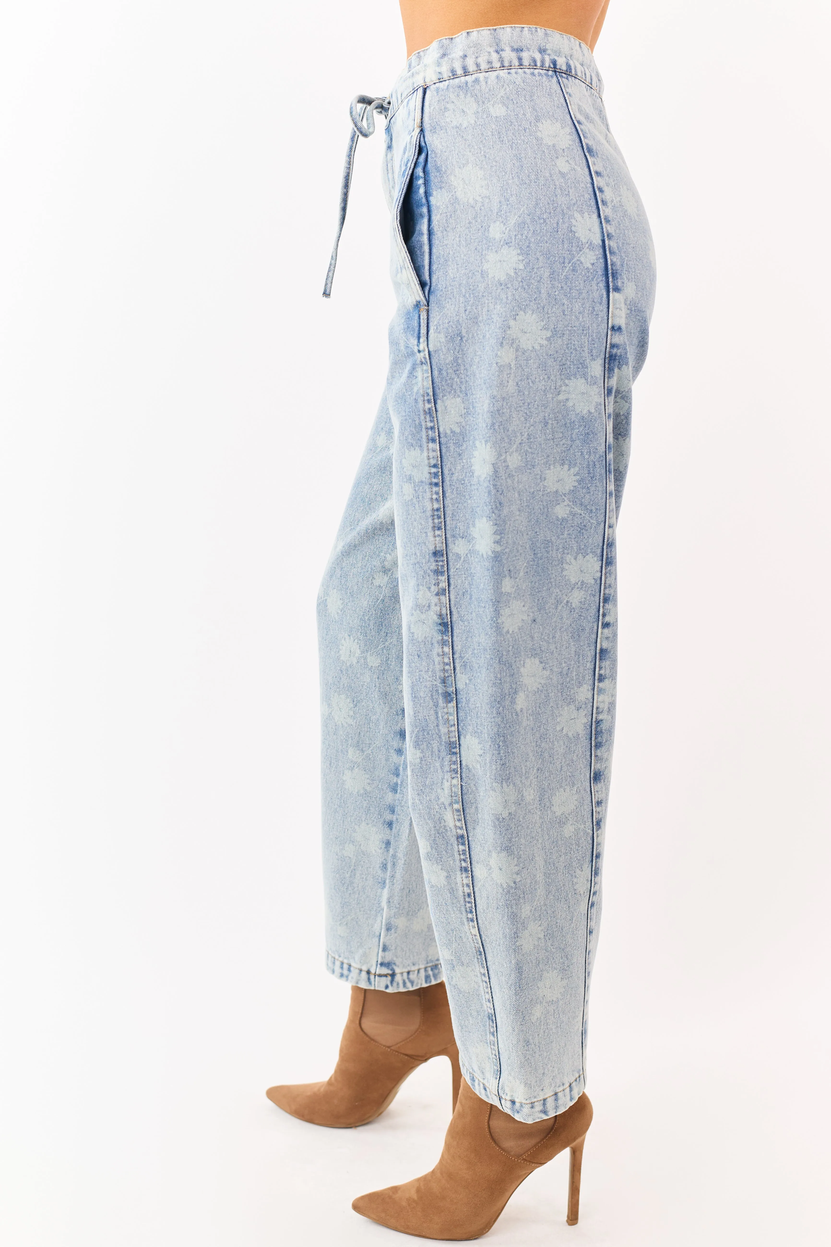 Light Acid Wash Denim Floral Drawstring Barrel Jeans sold by Lime Lush product image thumbnail 3