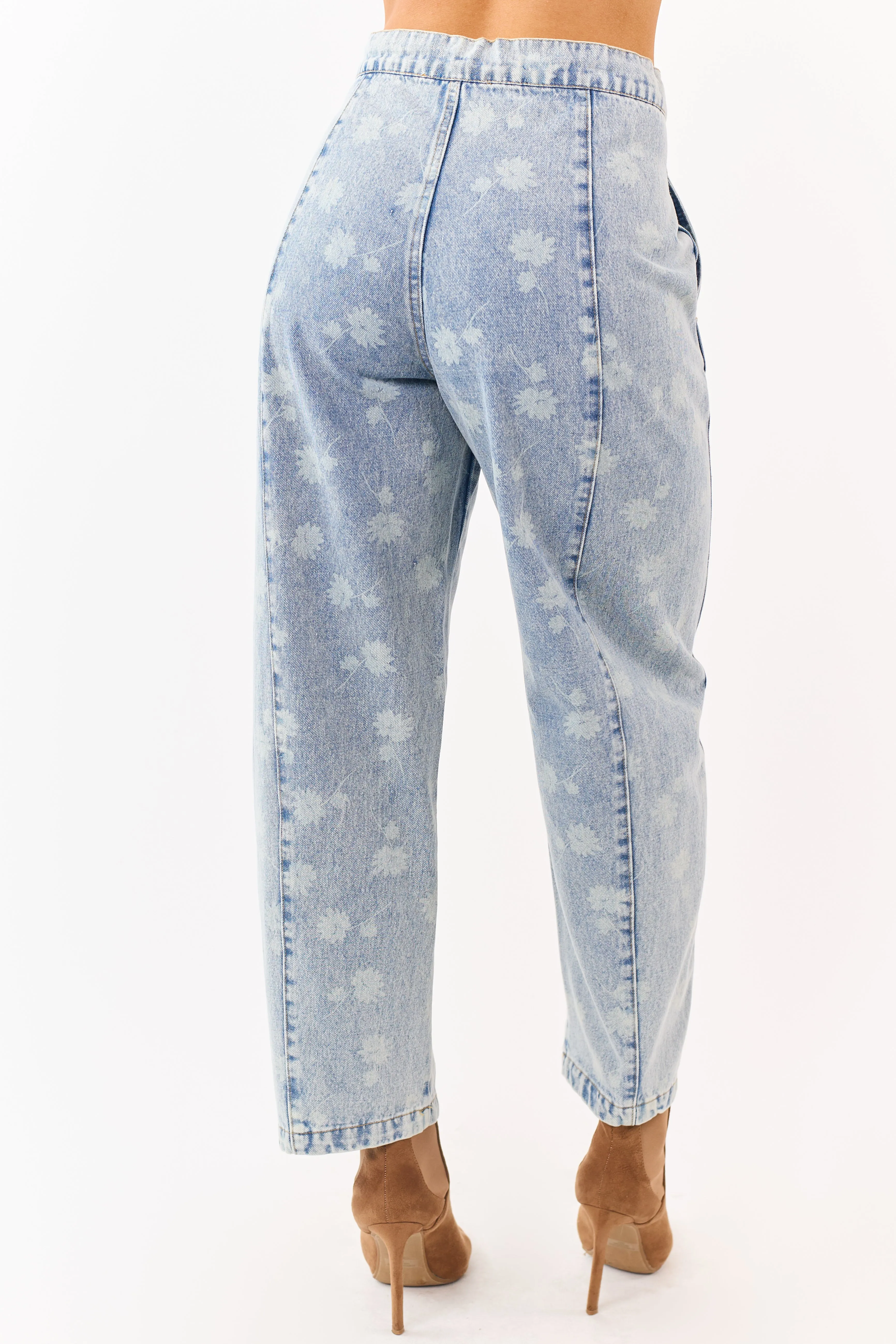 Light Acid Wash Denim Floral Drawstring Barrel Jeans sold by Lime Lush product image thumbnail 4