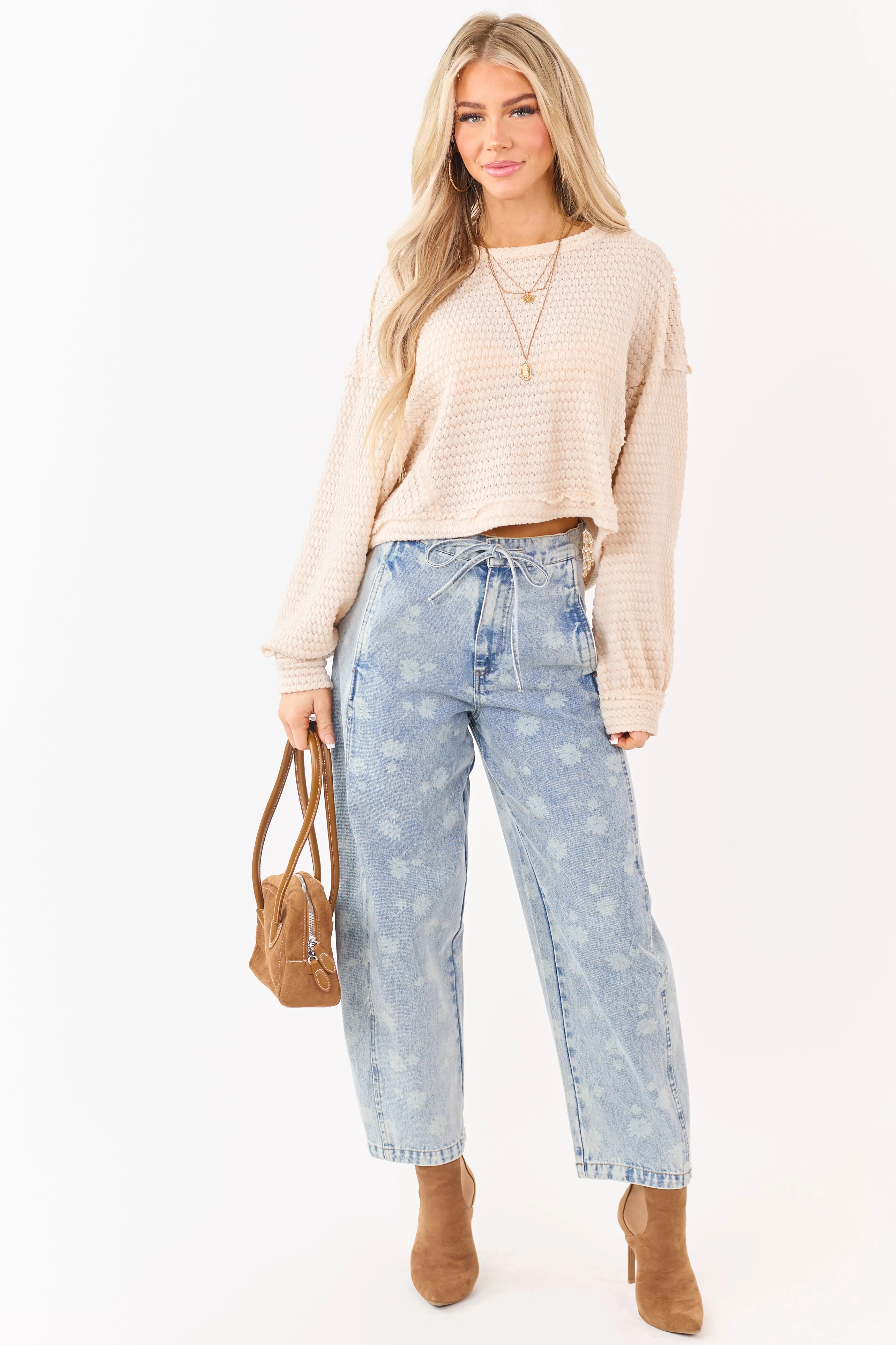 Light Acid Wash Denim Floral Drawstring Barrel Jeans sold by Lime Lush product image thumbnail 5