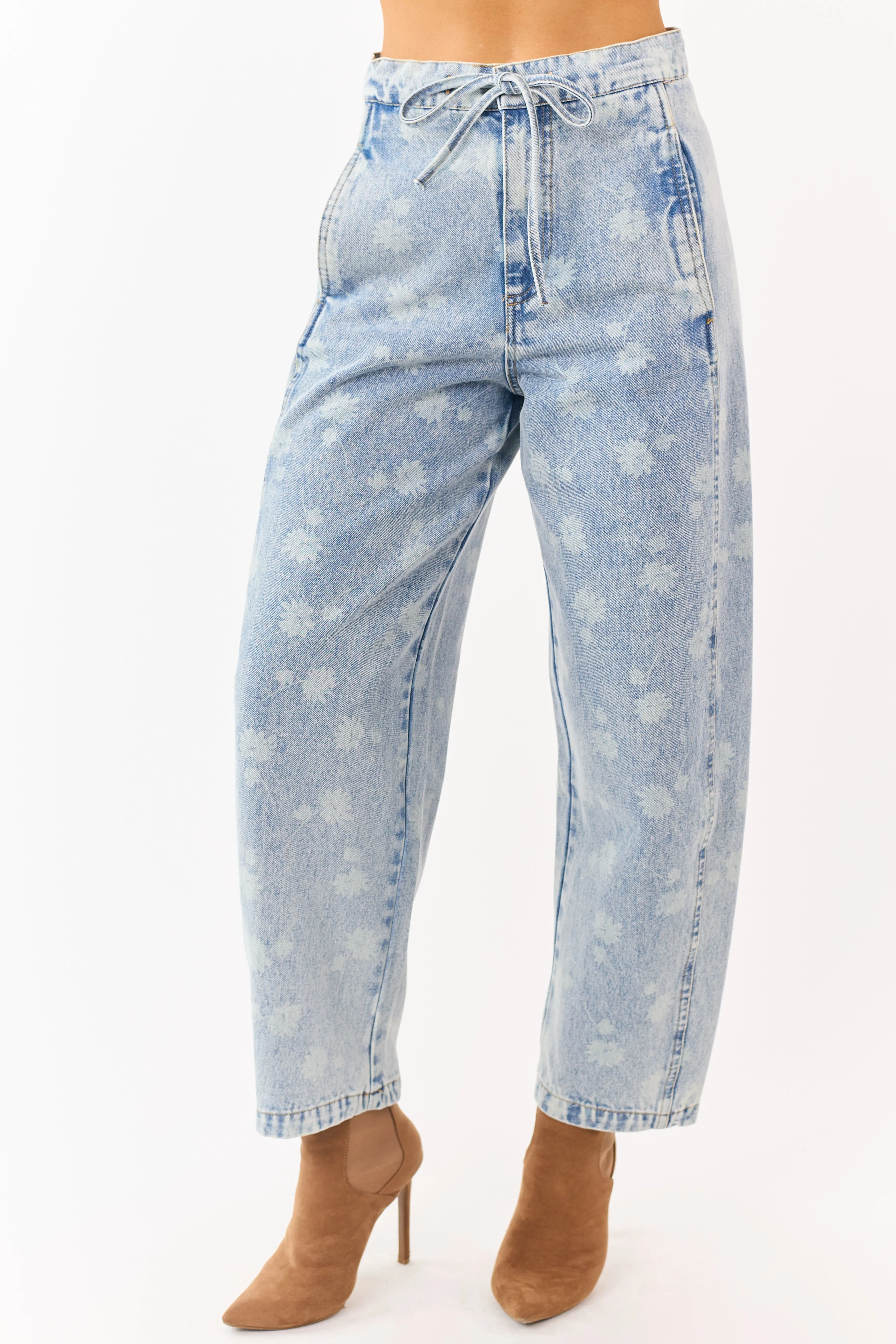 Light Acid Wash Denim Floral Drawstring Barrel Jeans sold by Lime Lush product image thumbnail 2