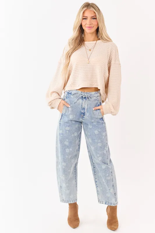 Light Acid Wash Denim Floral Drawstring Barrel Jeans sold by Lime Lush