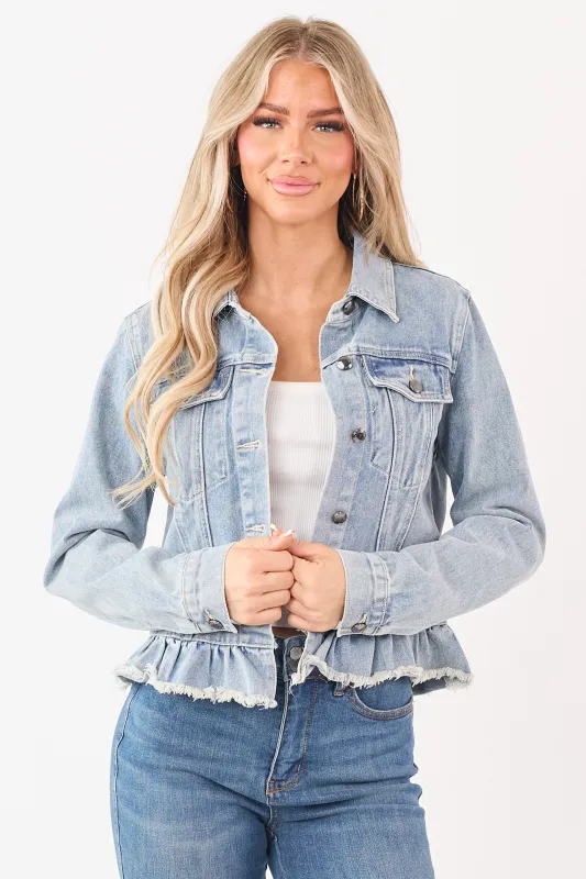 Listicle Light Wash Denim Ruffled Button Down Jacket sold by Lime Lush
