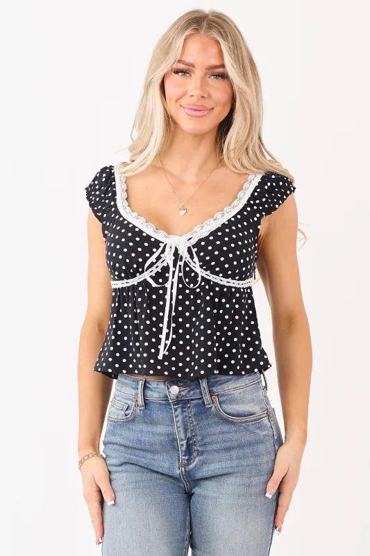 Black Polka Dot Lace Cropped Bow Detail Tank Top made by Le Lis