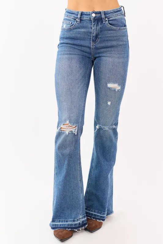 Mica Denim Medium Distressed Stretchy Flare Jeans made by Mica Denim