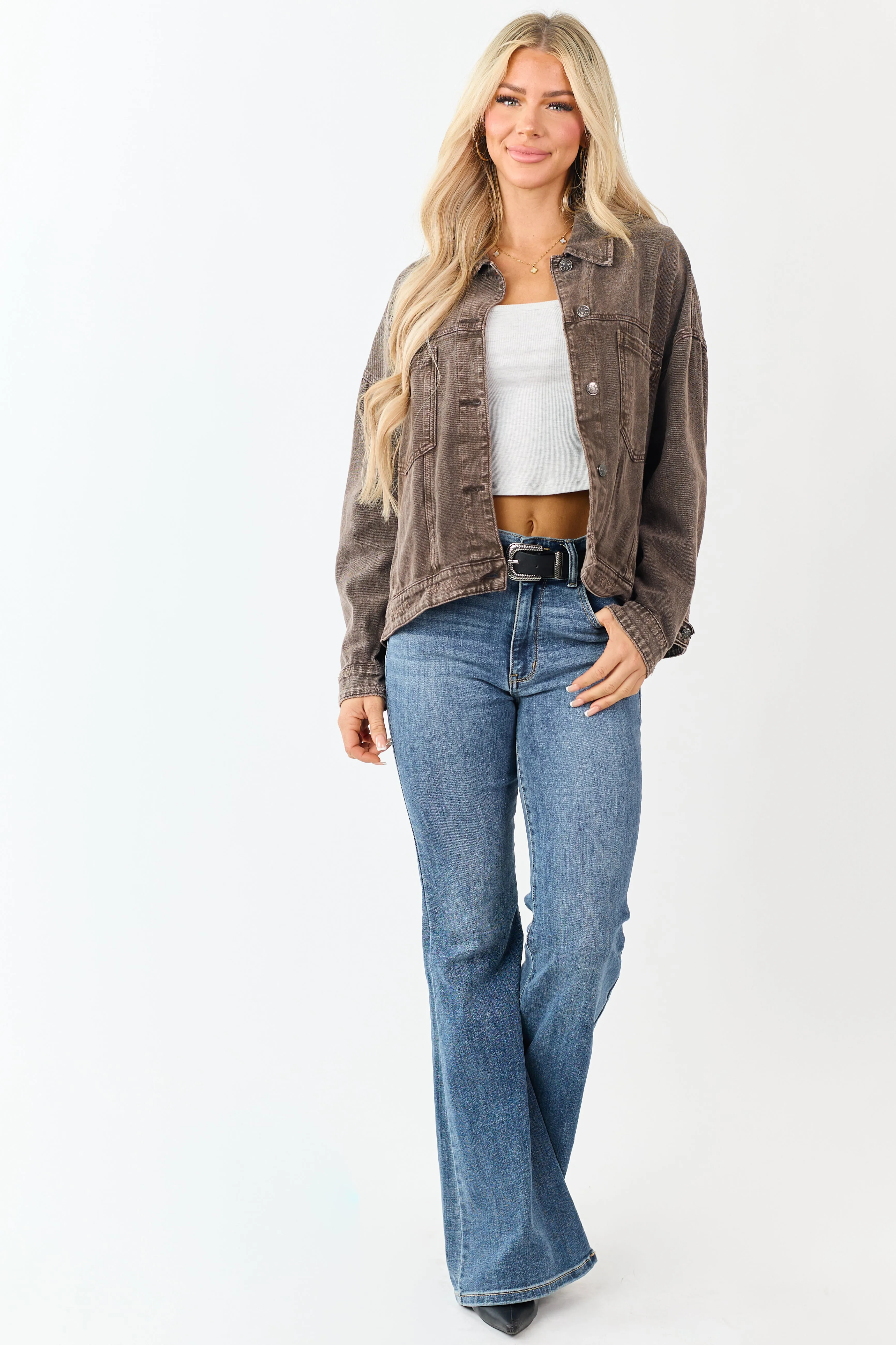 Washed Walnut Denim Lightly Distressed Shacket sold by Lime Lush product image thumbnail 3