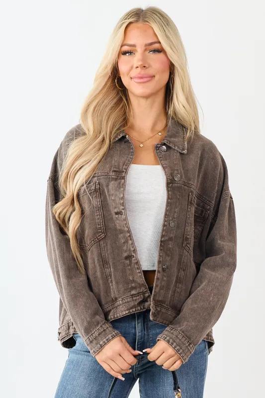 Washed Walnut Denim Lightly Distressed Shacket sold by Lime Lush