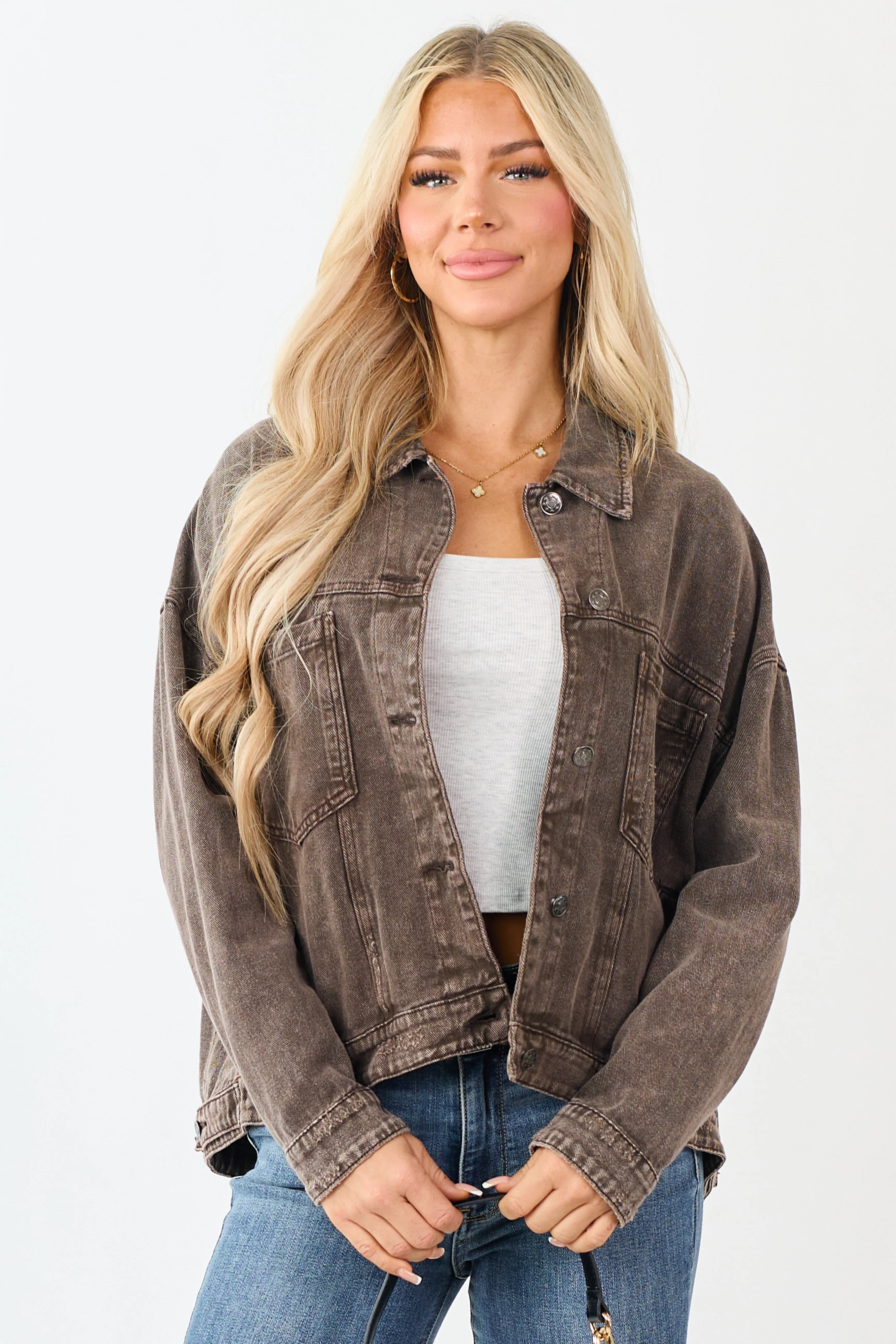 Washed Walnut Denim Lightly Distressed Shacket sold by Lime Lush