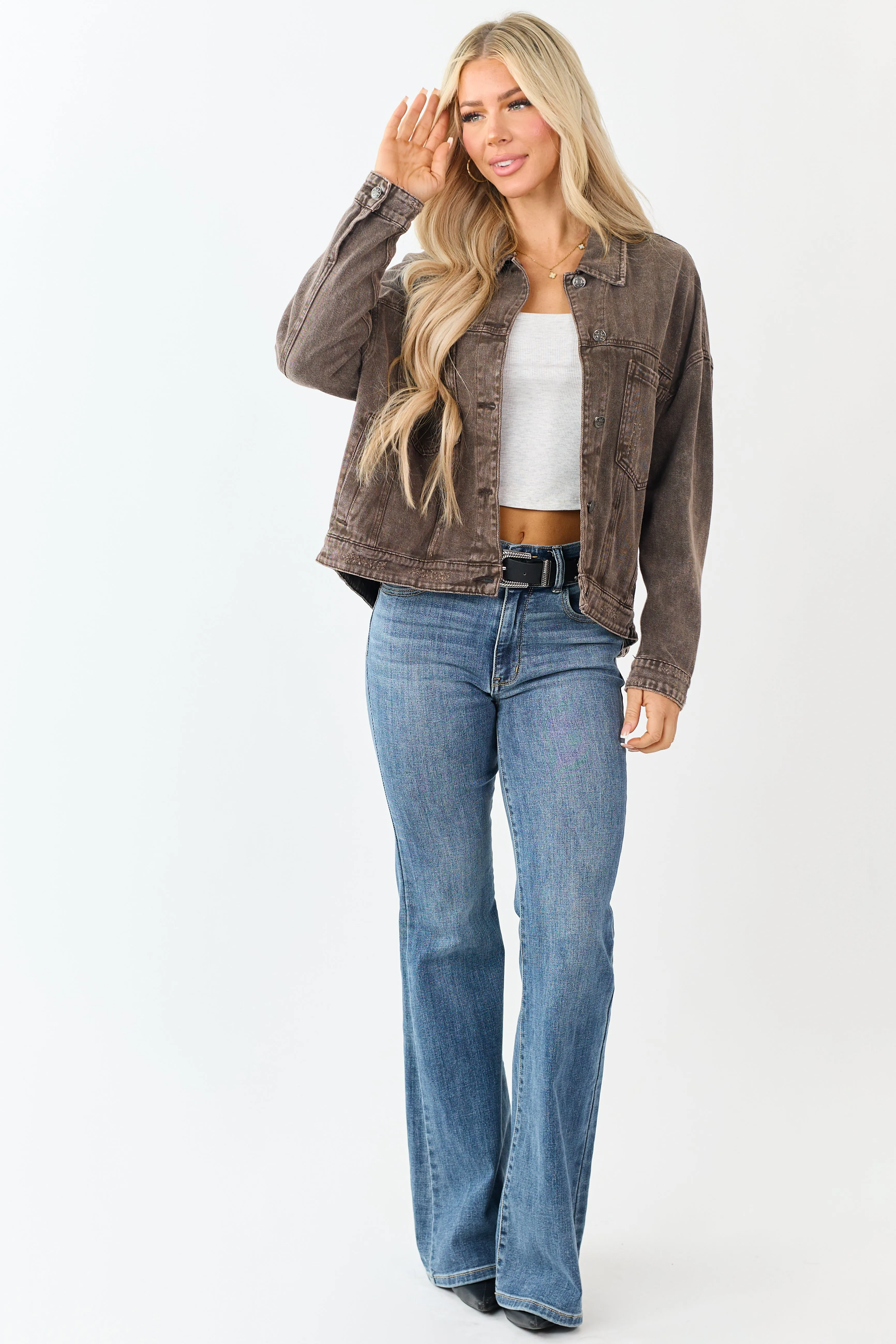 Washed Walnut Denim Lightly Distressed Shacket sold by Lime Lush product image thumbnail 2