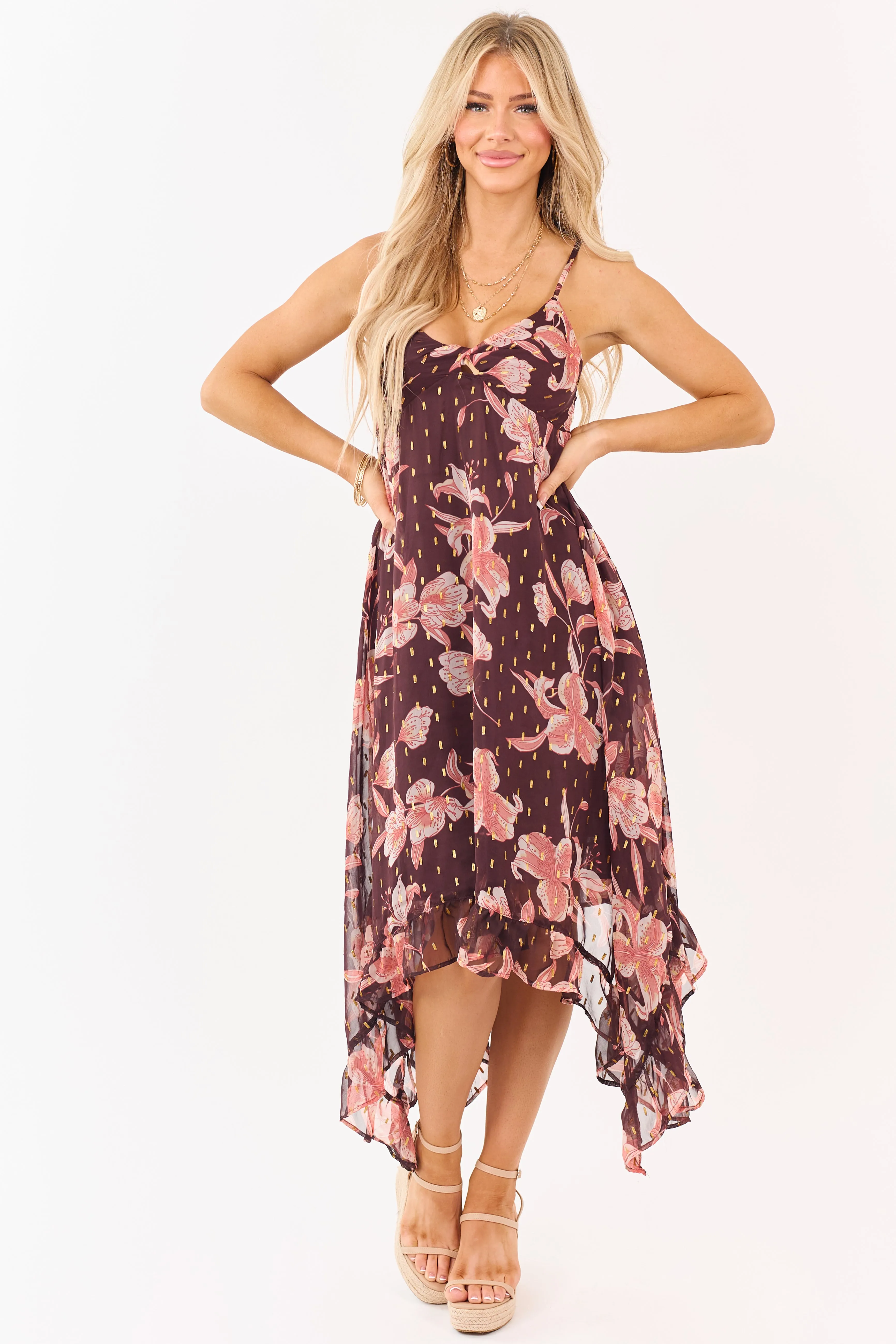 Chocolate Floral Print Lurex Swiss Dot Maxi Dress sold by Lime Lush product image thumbnail 4