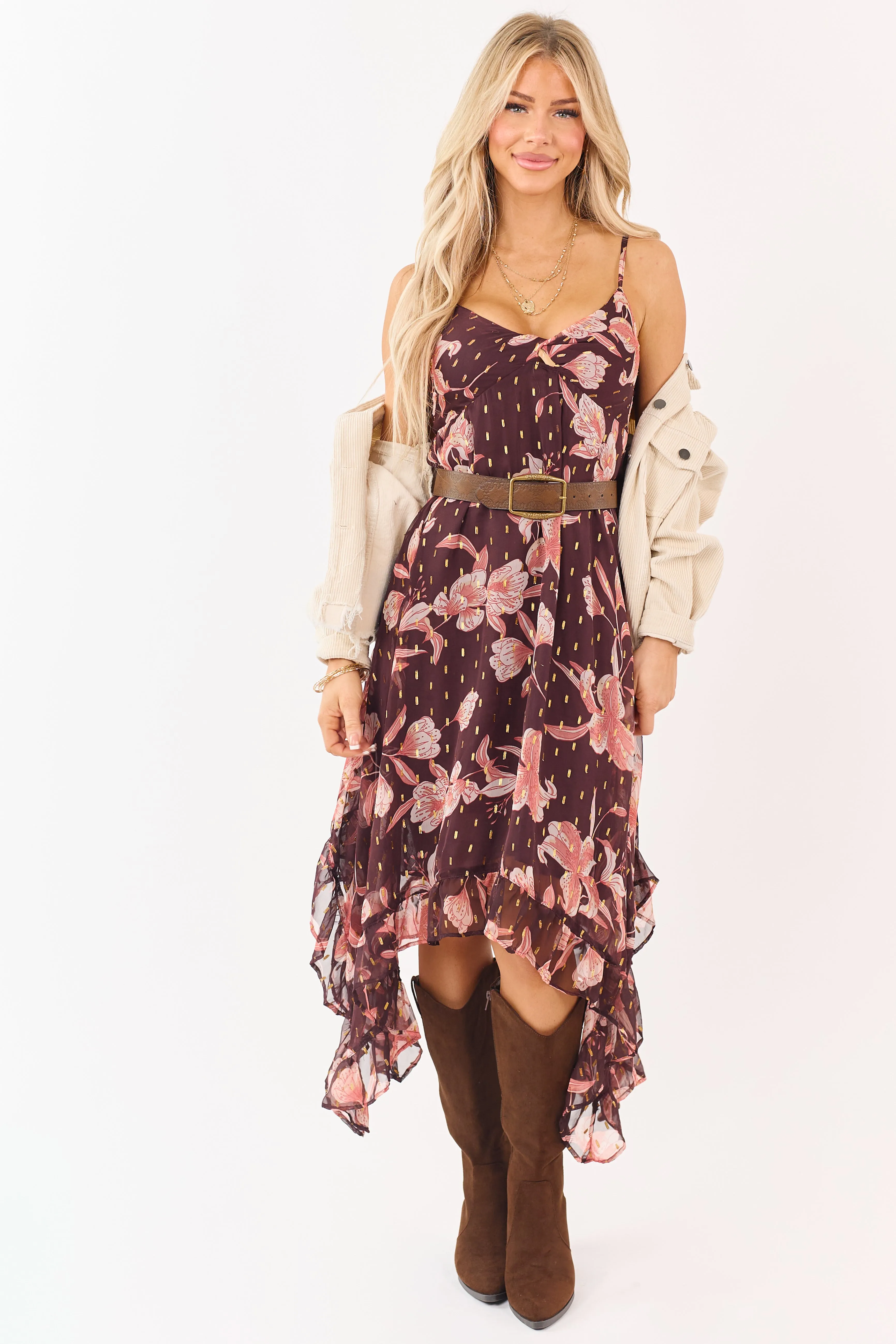 Chocolate Floral Print Lurex Swiss Dot Maxi Dress sold by Lime Lush product image thumbnail 3