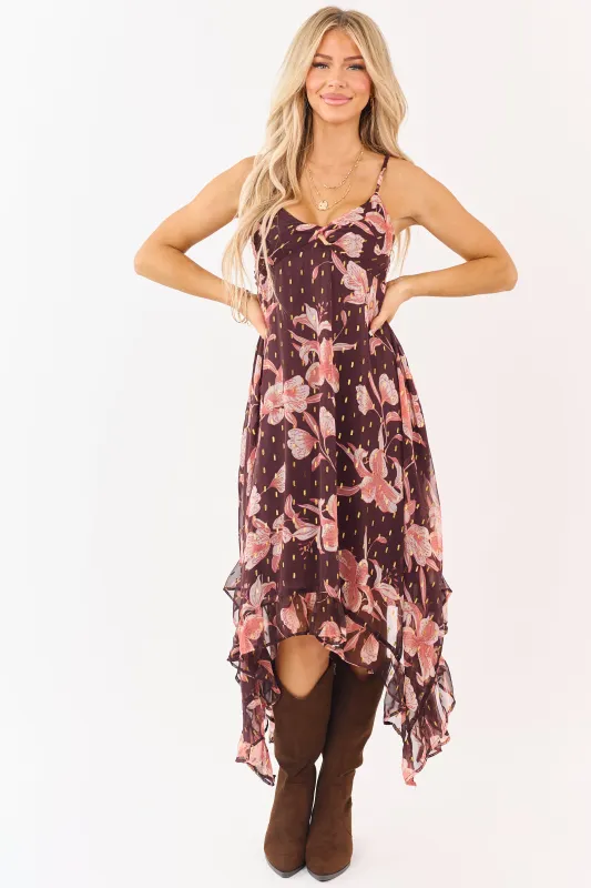 Chocolate Floral Print Lurex Swiss Dot Maxi Dress made by Angie