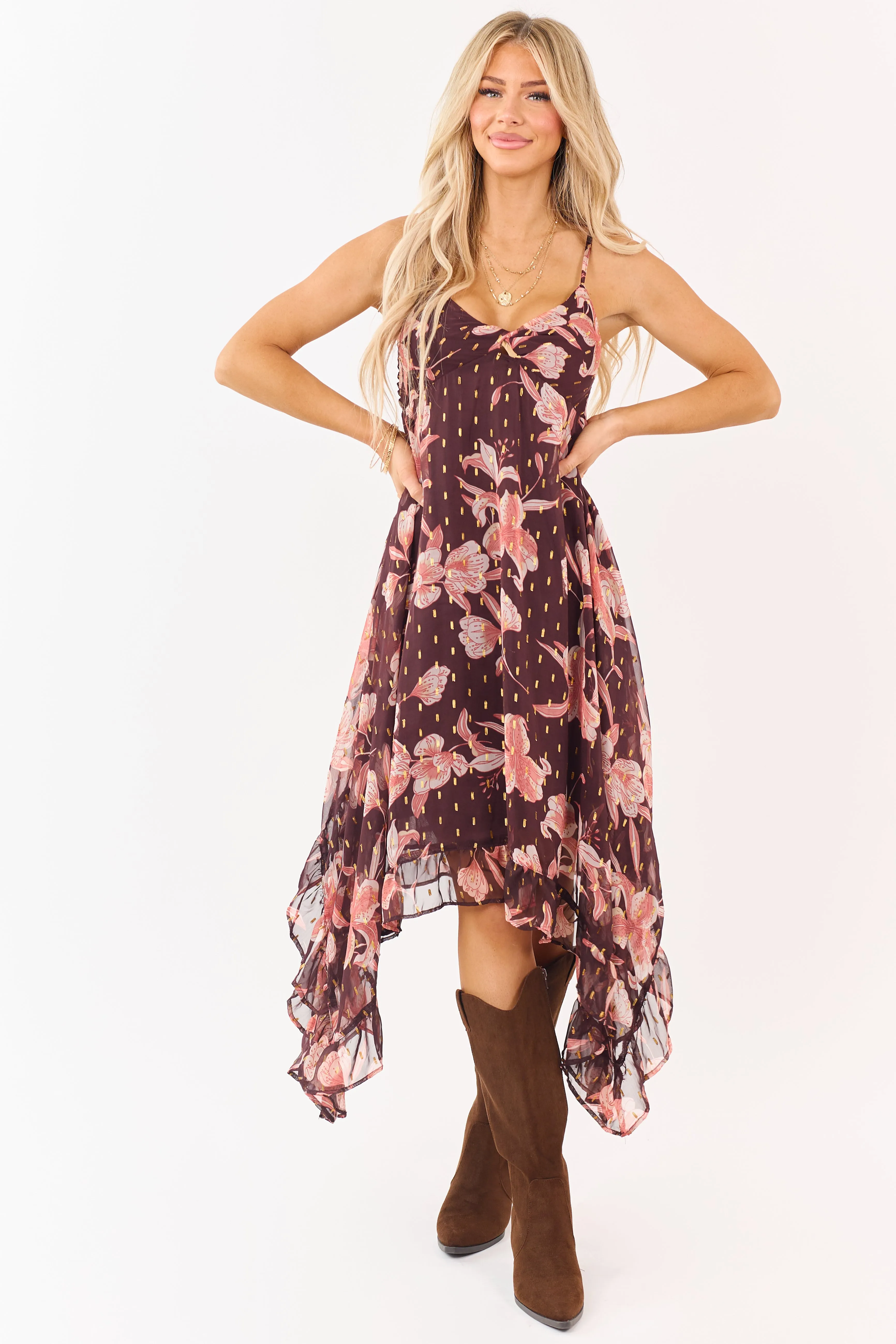Chocolate Floral Print Lurex Swiss Dot Maxi Dress sold by Lime Lush product image thumbnail 2