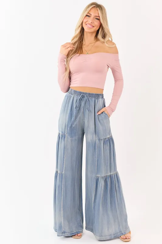 Light Vintage Wash Chambray Tiered Palazzo Leg Pants made by Mustard Seed