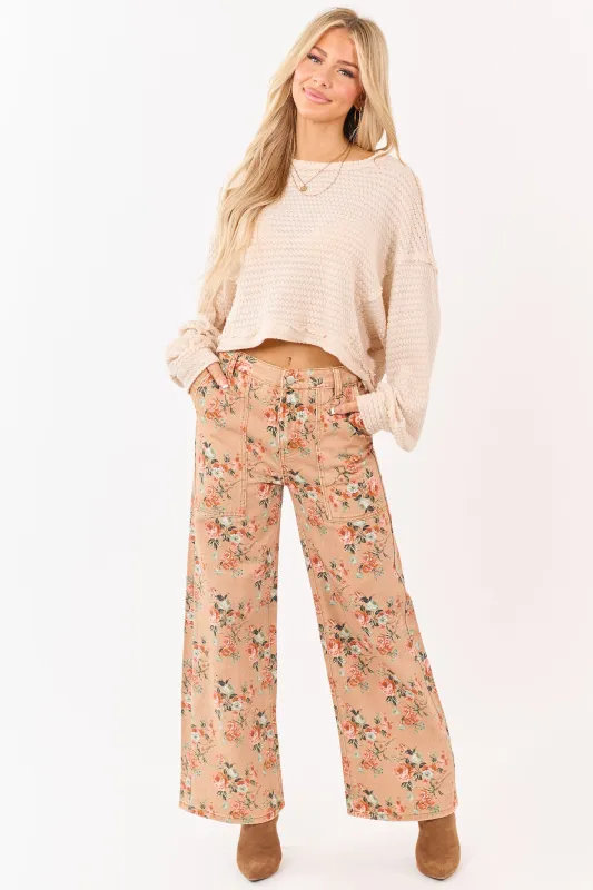 Camel Rose Print Wide Leg High Rise Jeans made by BiBi