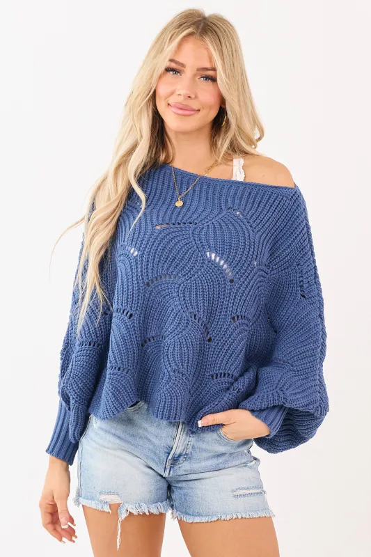 Cobalt Open Knit Dolman Sleeve Crop Sweater Poncho sold by Lime Lush