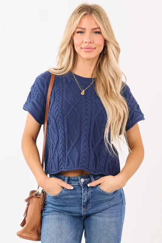 Entro Navy Short Sleeve Cable Knit Sweater Top sold by Lime Lush